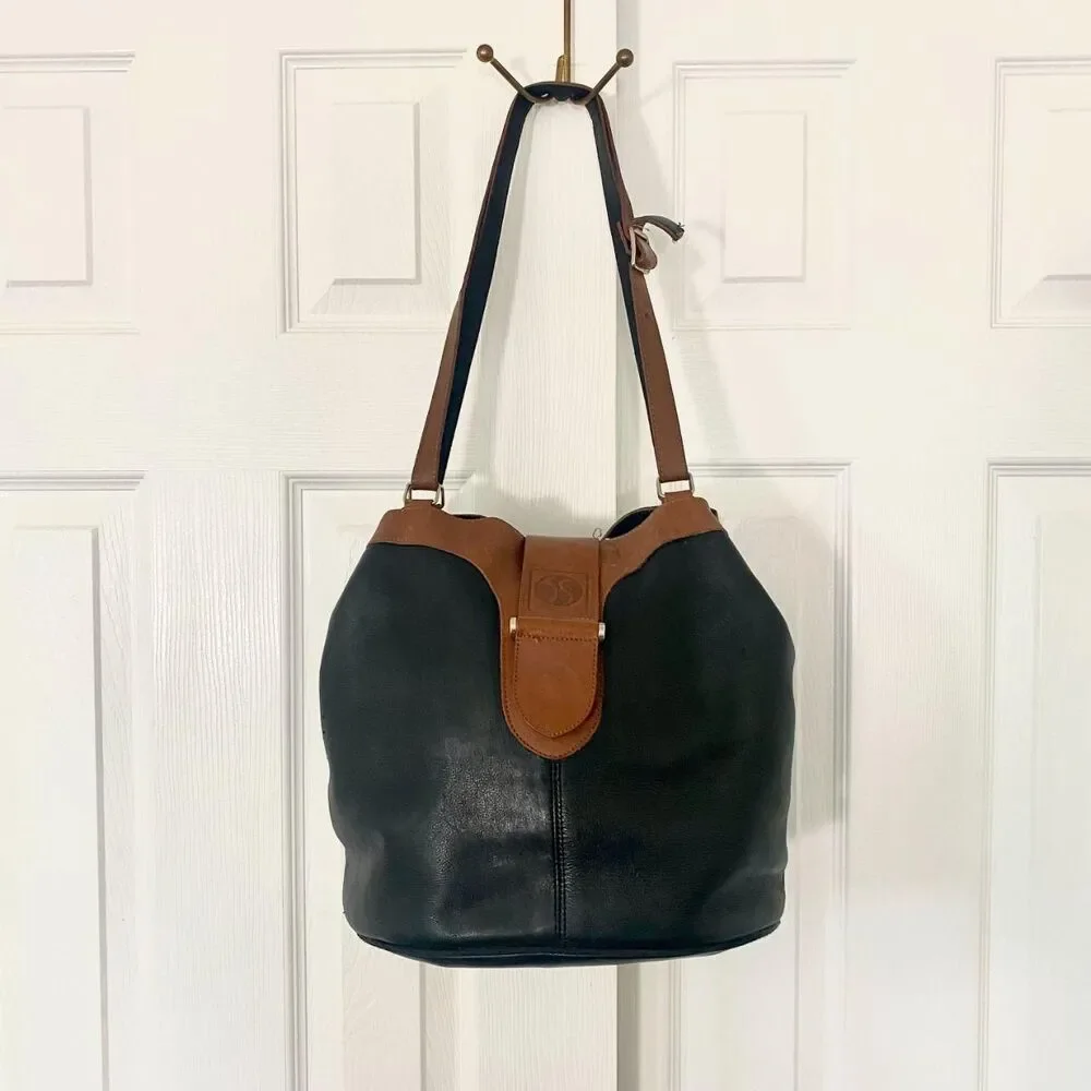 Vintage 90s Made In Austria Black Brown Soft Leather Hobo Shoulder Bucket Bag